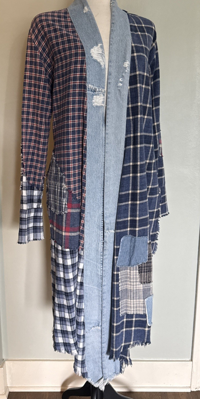 Greg Lauren Kimono Studio Shirt 4 Unisex Denim Patchwork Plaid Blue EUC+